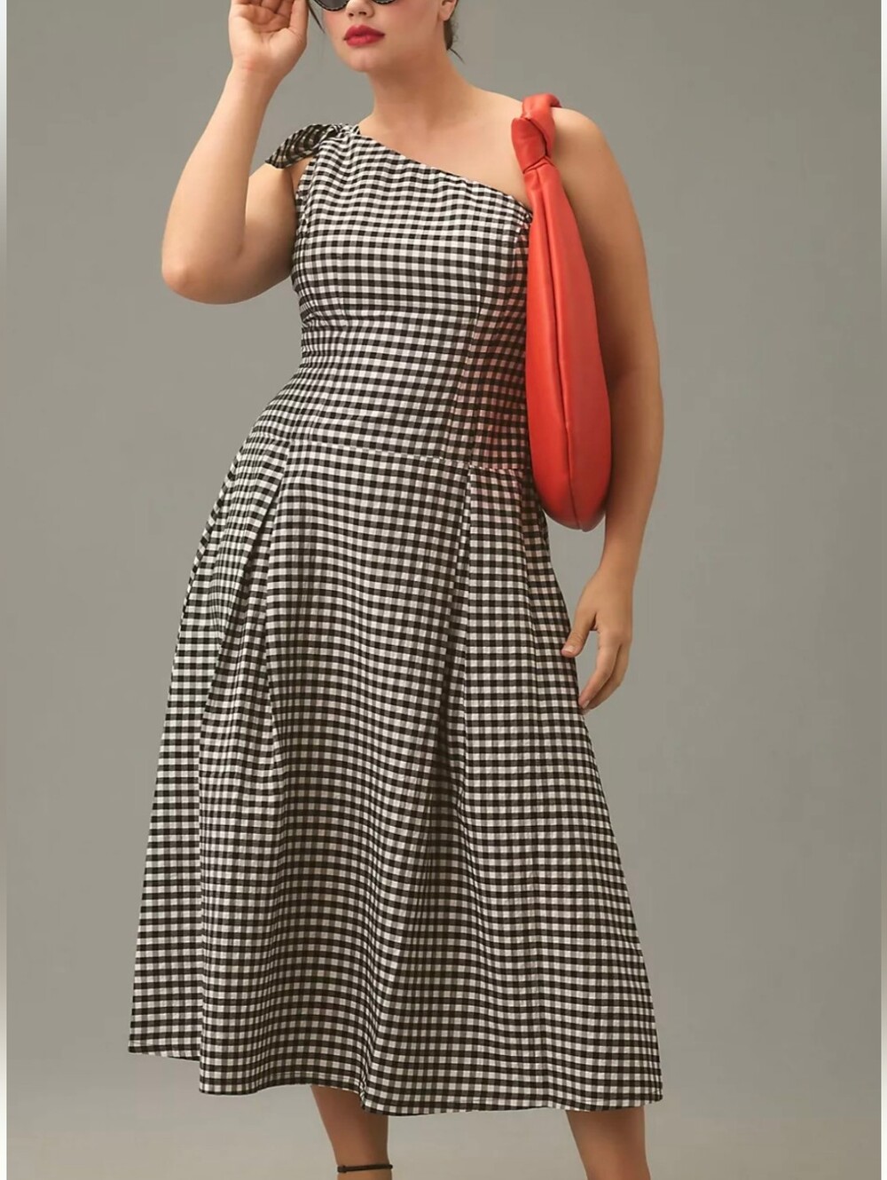 Anthropologie One-Shoulder Gingham Midi Dress Size Medium